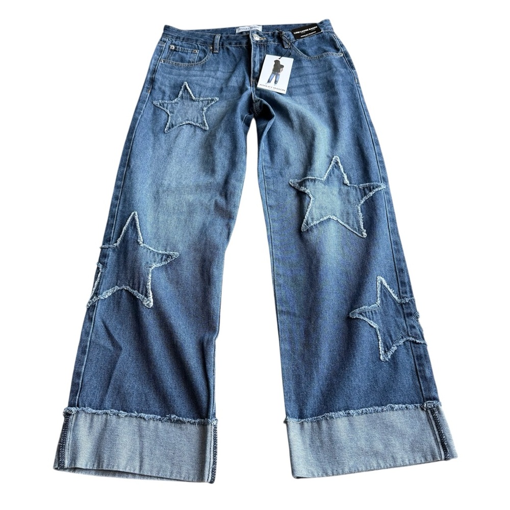 Ashley Mason Blue Denim Wide Leg Jeans with Star AppliquƩ